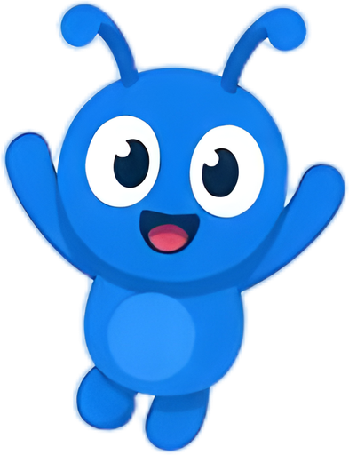 The DMV Permit Prep mascot, a happy blue bug, cheering with both arms up